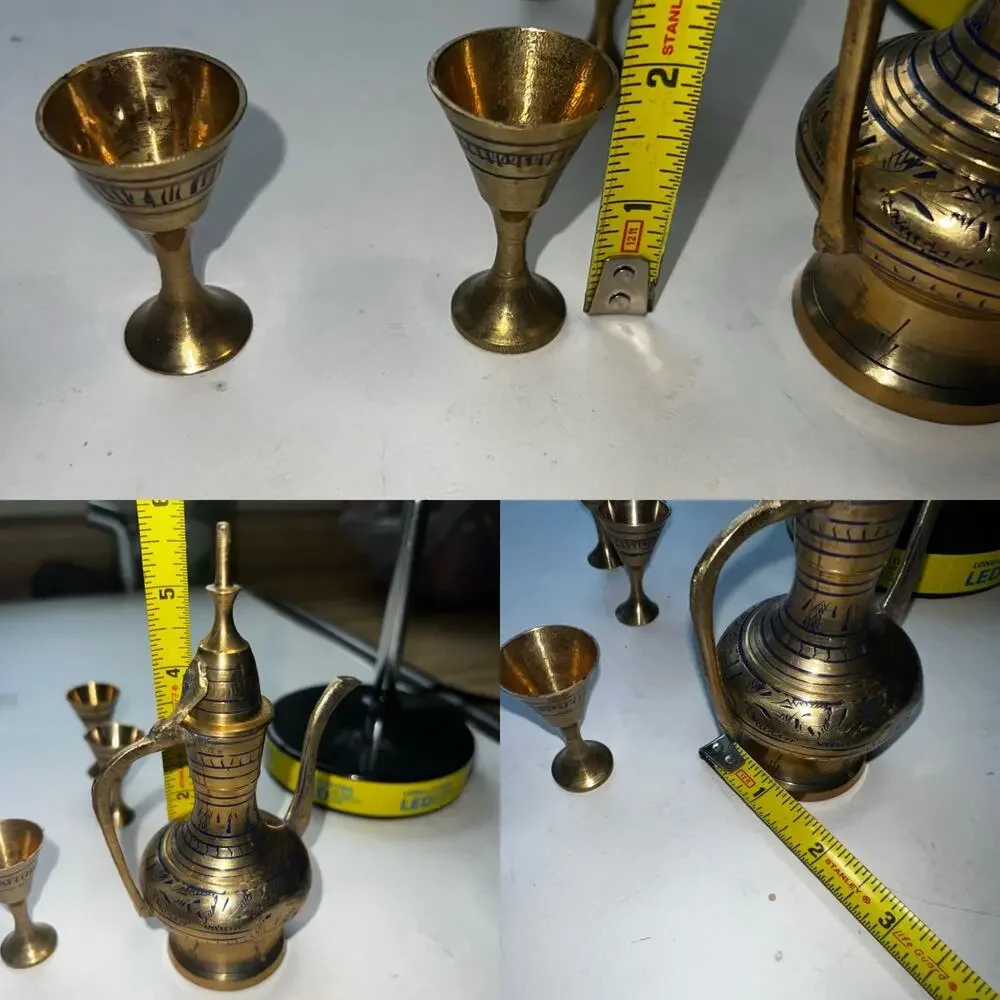 Vintage India Etched Brass Ewer Pitcher Decanter 6 Goblet Cup Set Ornate Boho